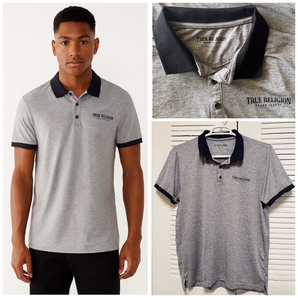True Religion Golf Polo Shirt Mens Medium Gray Performance Stretch Lightweight